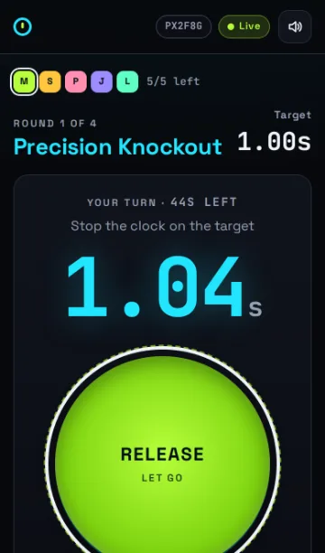 A Precision Knockout turn mid-hold at 1.04 seconds against a 1.00 second target